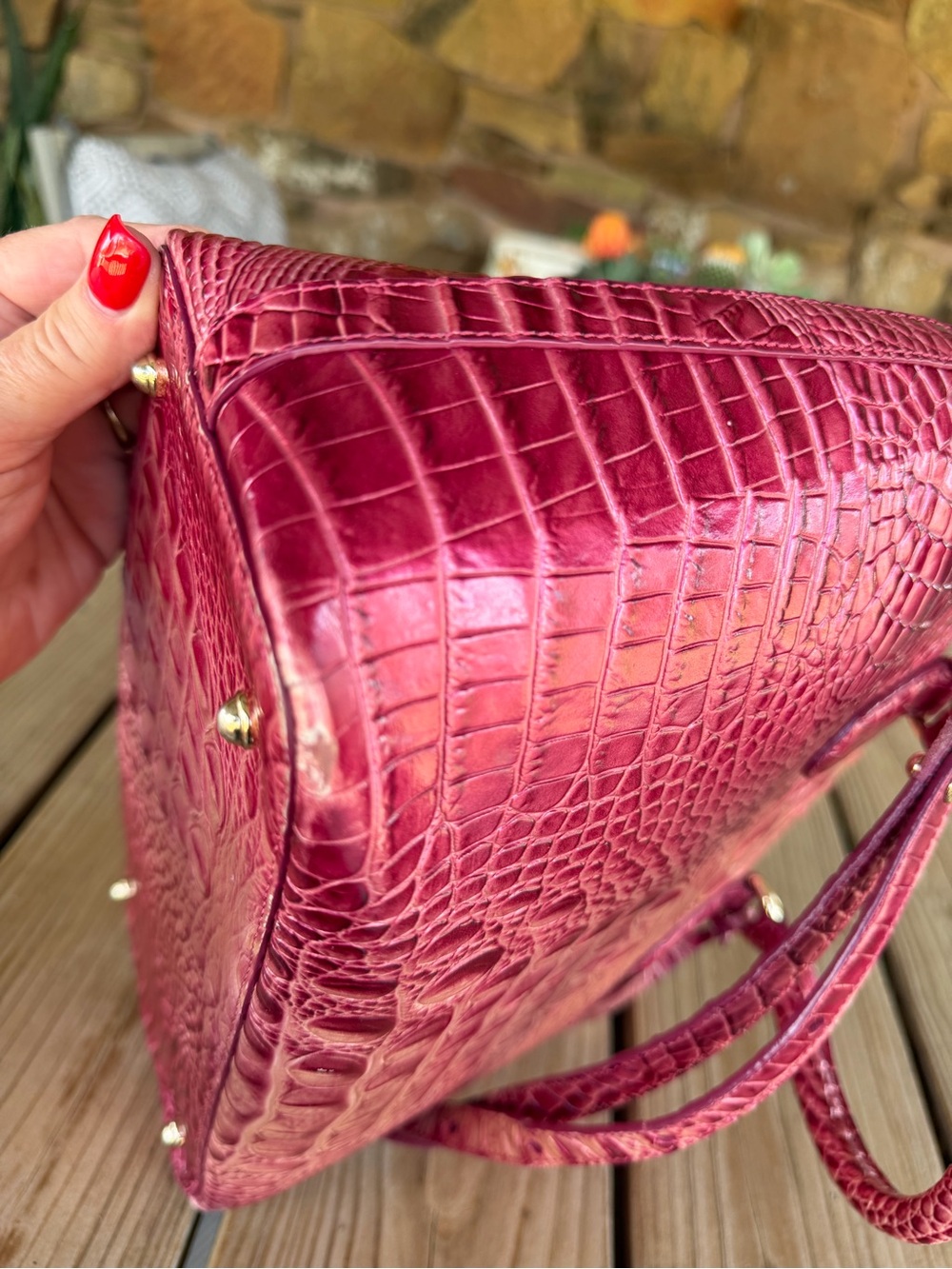 Brahmin Metallic Pink Croc-Embossed Satchel Bag - Picture 8 of 15